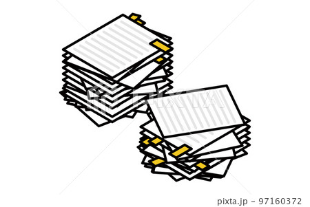 付箋の貼られた書類の山のシンプルなアイソメトリックのイラスト、残業やアナログ仕事のイメージ 97160372