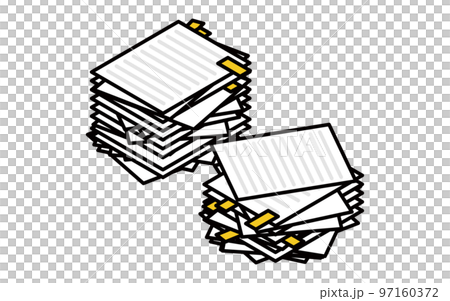 付箋の貼られた書類の山のシンプルなアイソメトリックのイラスト、残業やアナログ仕事のイメージ 97160372