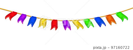 Bunting flags. Garland 3d glossy little flags or pennants by a rope, hanging for holiday, realistic plastic toy. Shiny isolated. Png Bunting flags. Garland 3d glossy little flags or pennants by a rope, hanging for holiday, realistic plastic toy. Shiny isolated. Png 97160722