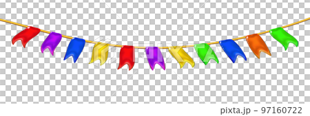 Bunting flags. Garland 3d glossy little flags or pennants by a rope, hanging for holiday, realistic plastic toy. Shiny isolated. Png Bunting flags. Garland 3d glossy little flags or pennants by a rope, hanging for holiday, realistic plastic toy. Shiny isolated. Png 97160722