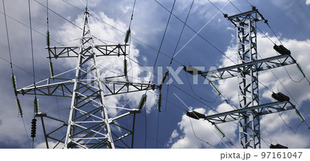 Electricity pylon (high voltage power line) on the background of the cloudy sky Electricity pylon (high voltage power line) on the background of the cloudy sky 97161047