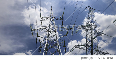 Electricity pylon (high voltage power line) on the background of the cloudy sky 97161048