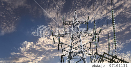 Electricity pylon (high voltage power line) against the background of a romantic evening sky Electricity pylon (high voltage power line) against the background of a romantic evening sky 97161131