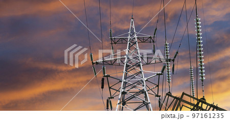 Electricity pylon (high voltage power line) against the background of a romantic evening sky 97161235