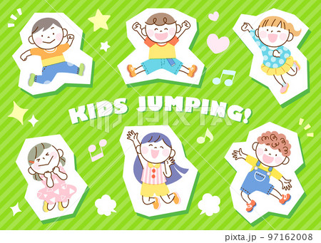 子供たち ジャンプ イラスト セット 白フチグリーンバージョン シール風 子供たち ジャンプ イラスト セット 白フチグリーンバージョン シール風 97162008