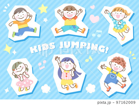 子供たち ジャンプ イラスト セット 白フチブルーバージョン シール風 97162009