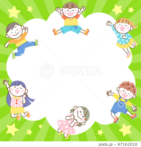 子供たち ジャンプ イラスト バナーフレーム グリーンバージョン 97162010