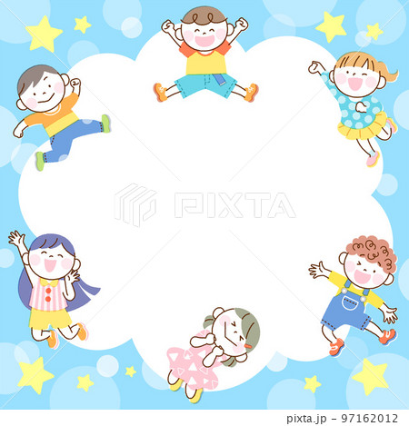 子供たち ジャンプ イラスト バナーフレーム ブルーバージョン 97162012