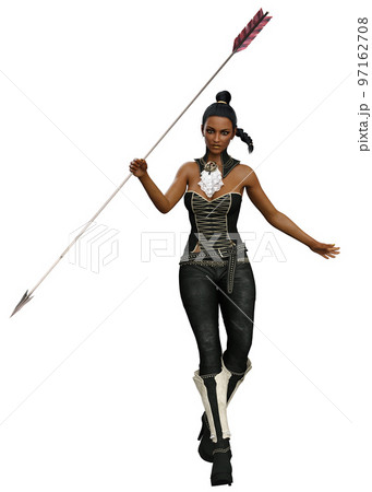 3D Girl in fantasy armor with spear 97162708