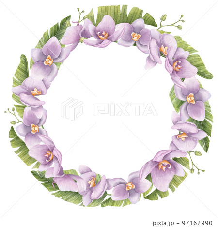Tropical Wreath of Watercolor Purple Orchid Flowers and green Palm Leaves. Hand drawn illustration of round frame with exotic plants on isolated background. Floral drawing for greeting cards. 97162990