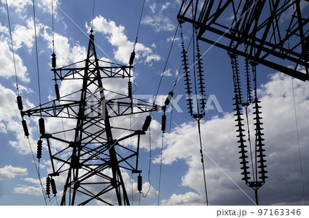 Electricity pylon (high voltage power line), black contour, on the background of the cloudy sky Electricity pylon (high voltage power line), black contour, on the background of the cloudy sky 97163346