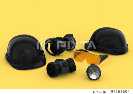 Set of construction wear for repair and installation on yellow background 97163604