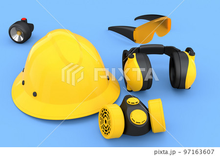 Set of construction wear for repair and installation on blue background 97163607