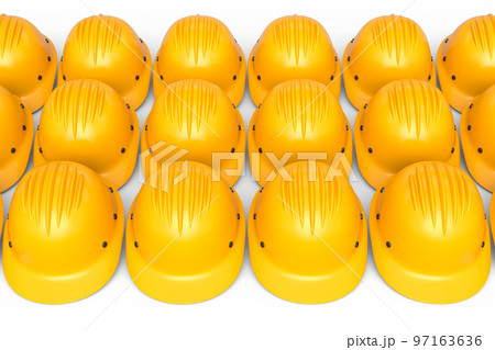 Set of safety helmets or hard caps for carpentry work in row on white background 97163636