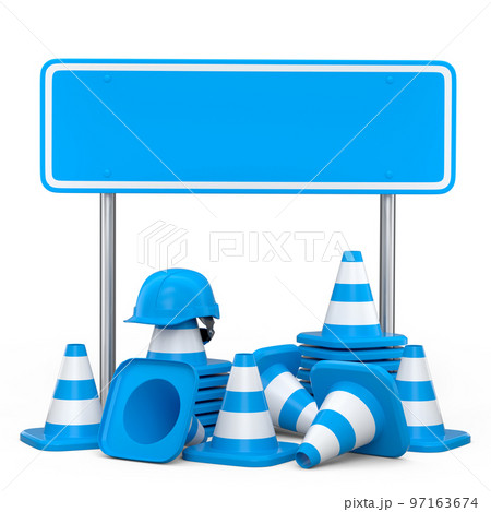 Set of safety helmets or hard hats and traffic cones, road sign on white Set of safety helmets or hard hats and traffic cones, road sign on white 97163674
