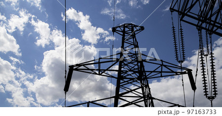Electricity pylon (high voltage power line), black contour, on the background of the cloudy sky Electricity pylon (high voltage power line), black contour, on the background of the cloudy sky 97163733