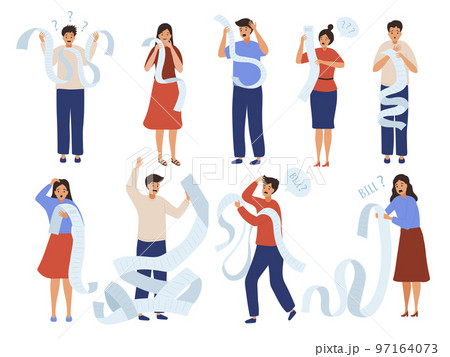 Bills for people. Unhappy male and female characters payment tax calculated self finance changing bills recent vector cartoon template 97164073