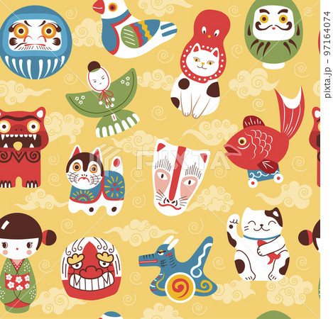 Japanese toys pattern. Lucky and fortune items maneki cat recent vector seamless background 97164074