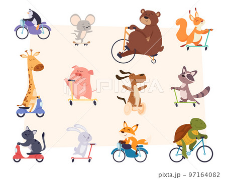 Animals riding. Characters in action poses sitting and riding scooter bikes and cars exact vector illustrations Animals riding. Characters in action poses sitting and riding scooter bikes and cars exact vector illustrations 97164082