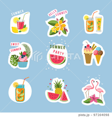Summertime symbols. ice cream flamingo flowers cocktails. vector stickers template 97164098
