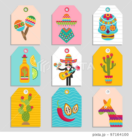 Mexican cards. authentic design tags with mexican symbols. Vector prints templates 97164100