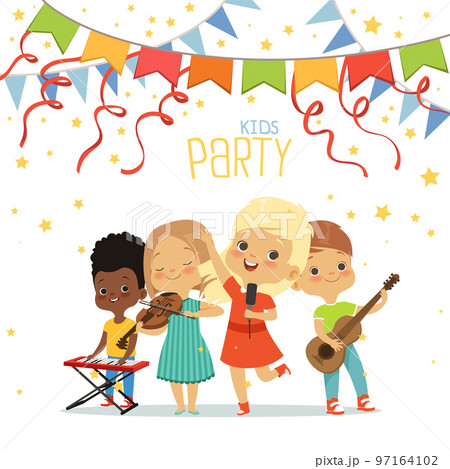 Kids party. children band playing on musical instruments. Vector little people Kids party. children band playing on musical instruments. Vector little people 97164102
