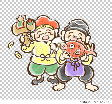 Hand-drawn illustration of Ebisuten and Daikokuten looking up with a sea bream and a mallet 97164287
