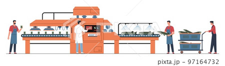Fishing industry concept. Canning factory, professional workers and conveyor, production of canned seafood, packaging process automation. Tins on conveyor belt nowaday vector cartoon set 97164732