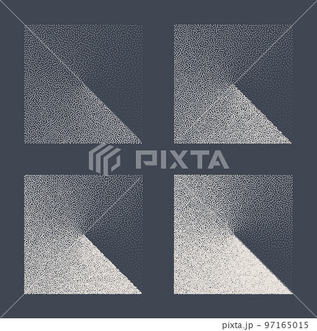 Square shaped dotted objects, stipple elements. Fading gradient. Stippling, dotwork drawing, shading using dots. Pixel disintegration, halftone effect. White noise grainy texture. Vector illustration 97165015