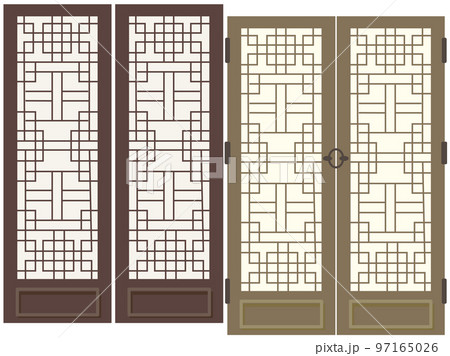 アジアン柄のアンティークなドアのセット、木製扉、お洒落な模様 アジアン柄のアンティークなドアのセット、木製扉、お洒落な模様 97165026