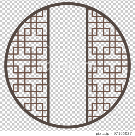 アジアン柄のアンティークなドア、木製の扉、丸い枠のお洒落フレーム 97165027