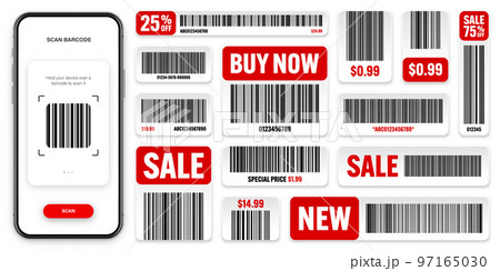 Product barcodes. Smartphone application, scanner app. Sale stickers, discount label or promotional badge. Serial number, product ID. Store, supermarket scan labels, price tag. Vector illustration 97165030