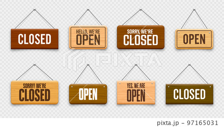Wooden open or closed hanging signboards. Made of wood door sign for cafe, restaurant, bar or retail store. Announcement banner, information signage for business or service. Vector illustration 97165031
