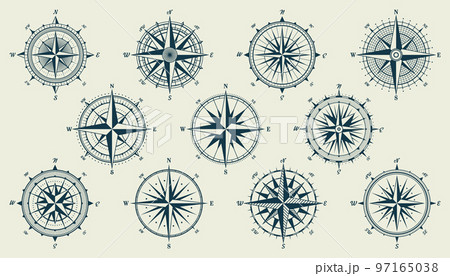 Vintage marine wind rose, nautical chart. Monochrome navigational compass with cardinal directions of North, East, South, West. Geographical position, cartography and navigation. Vector illustration. Vintage marine wind rose, nautical chart. Monochrome navigational compass with cardinal directions of North, East, South, West. Geographical position, cartography and navigation. Vector illustration. 97165038