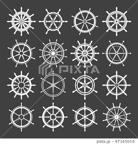 Collection of white vintage steering wheels. Ship, yacht retro wheel symbol. Nautical rudder icon. Marine design element. Vector illustration 97165058
