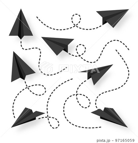 Various realistic black paper planes collection. Handmade origami aircraft with dotted doodle route line. Business concept element, project startup and goal achievement. Vector illustration 97165059