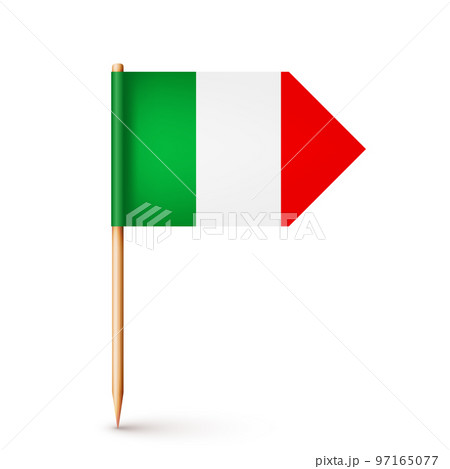 Realistic Italian toothpick flag. Souvenir from Italy. Wooden toothpick with paper flag. Location mark, map pointer. Blank mockup for advertising and promotions. Vector illustration 97165077