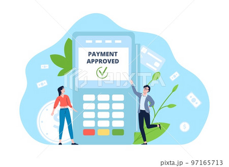 Payment approved in bank card pay terminal. Cashless in store or online shop. Financial banking vector concept with happy flat business characters 97165713