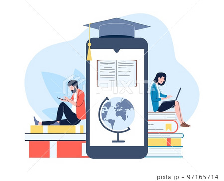 International online education, digital library in smartphone. People reading and sitting on books pile. Students, study and read vector concept 97165714