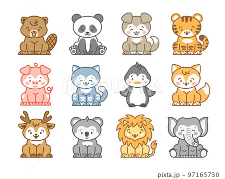Kawaii zoo animals. Isolated lion, cartoon cat and puppy. Pastel emoticon cute wild animal. Baby mascot koala and penguin, tidy vector kit 97165730