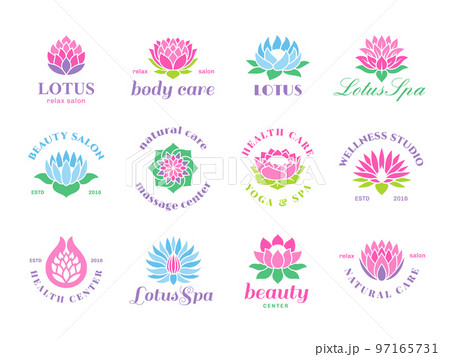 Spa logo lotus design. Lotos flowers badges, yoga wellness center creative symbols. Life balance harmony emblems, female health tidy vector signs set 97165731