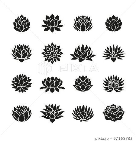 Black lotus flowers silhouettes icons. Spa wellness calming floral elements. Buddhism mandala symbols. Isolated lily, abstract tidy vector botanical logo set 97165732