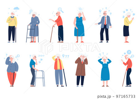 Elderly characters, seniors with dementia symptoms. Alzheimer illness, memory problems and treatment. Ageing disease recent vector flat people 97165733
