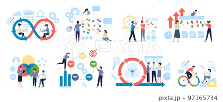 Agile strategy, quality and development. Effective management, productivity work and deadline. Business plan and workflow, recent vector scenes 97165734