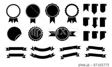 Black ribbons and badges, winner rosettes graphic silhouettes. Isolated decorative ribbon for banners, flyers. Business, competition, education vector elements 97165775
