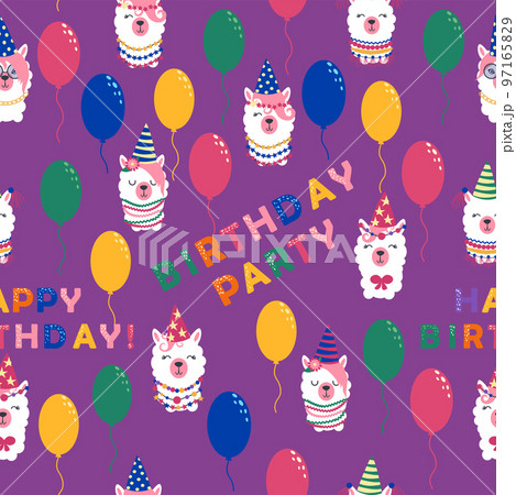 Seamless pattern with llama, alpaca faces. Birthday theme. Caps, balloons, inscription happy birthday 97165829