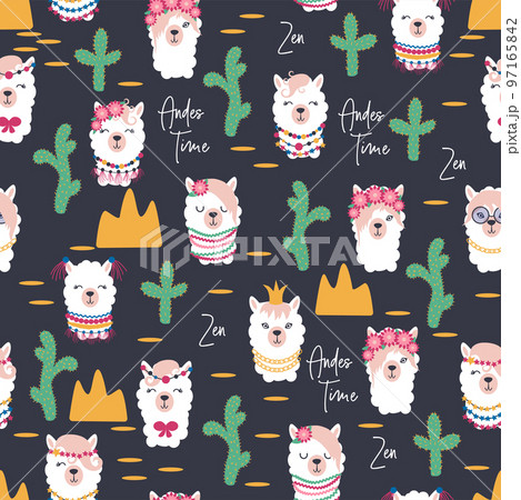 Seamless pattern with llama, alpaca faces. Cute drawings of llama head with hearts, inscription, mountains, cacti, star, dreamcatcher 97165842