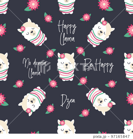 Seamless pattern with llama, alpaca faces. Cute drawings of llama head with hearts, inscription, mountains, cacti, star, dreamcatcher 97165847