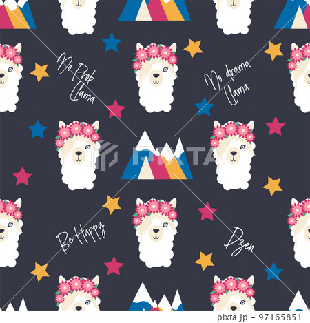 Seamless pattern with llama, alpaca faces. Cute drawings of llama head with hearts, inscription, mountains, cacti, star, dreamcatcher Seamless pattern with llama, alpaca faces. Cute drawings of llama head with hearts, inscription, mountains, cacti, star, dreamcatcher 97165851
