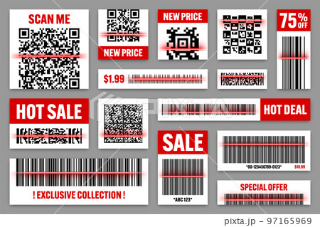 Product barcodes and QR codes with red scanning line. Sale stickers, discount label or promotional badge. Serial number, product ID. Store, supermarket scan labels, price tag. Vector illustration Product barcodes and QR codes with red scanning line. Sale stickers, discount label or promotional badge. Serial number, product ID. Store, supermarket scan labels, price tag. Vector illustration 97165969